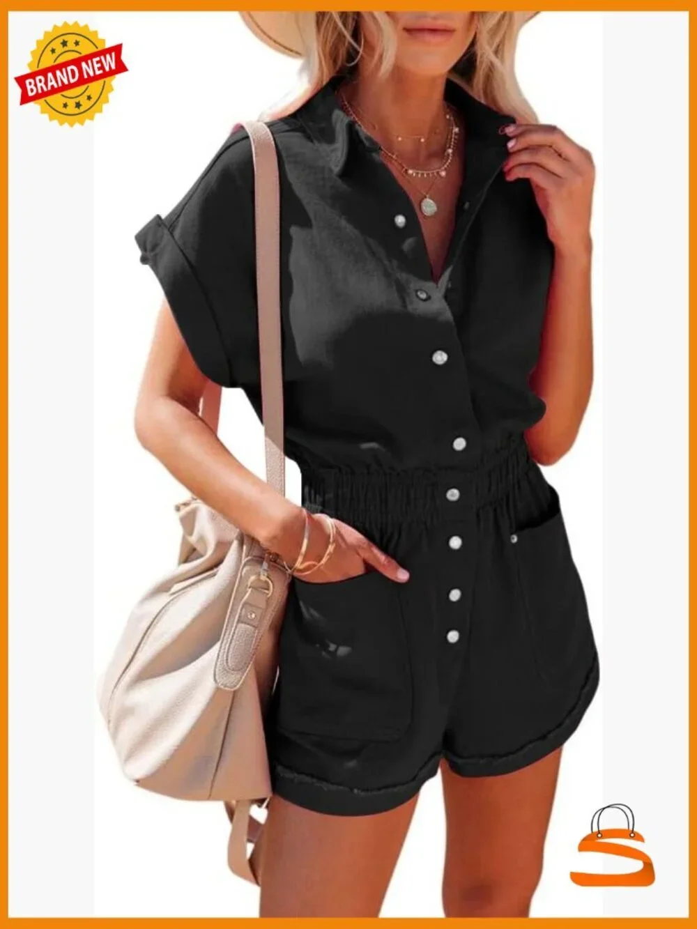 Cotton Short Sleeve Button Down Romper Jumpsuit Loose Fit